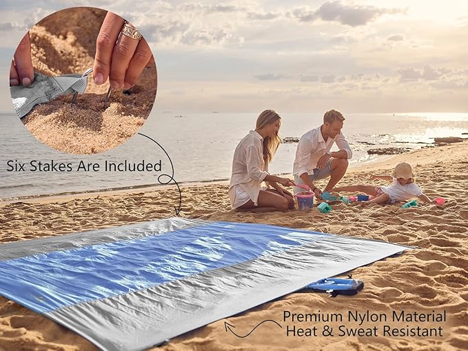 WEKAPO Beach Blanket Sandproof, Extra Large Beach Mat, Big & Compact Sand Free Mat Quick Drying, Lightweight & Durable with 6 Stakes & 4 Corner Pockets