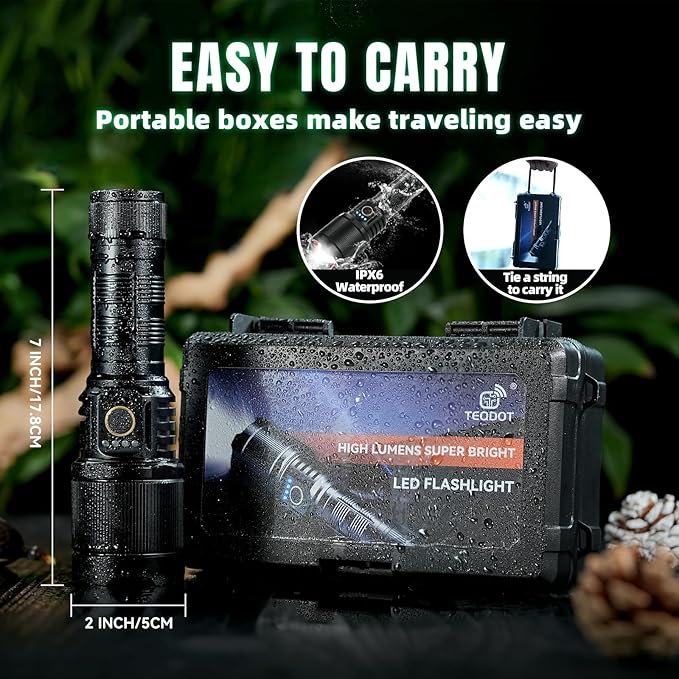 Flashlights High Lumens 900000 LED Rechargeable Tactical Flashlight Zoomable 3 Modes Fast Charging IPX6 Waterproof Super Bright Black Handheld Flashlights for Camping Hiking Outdoor and Gift