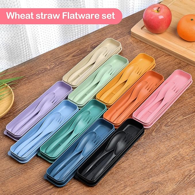 Reusable Travel Utensils Set with Case, 3 Sets Wheat Straw Portable Plastic Fork Spoons Knife Camping Cutlery, Eco-Friendly BPA Free Lunch Tableware for Kids Adults Travel Picnic Utensils