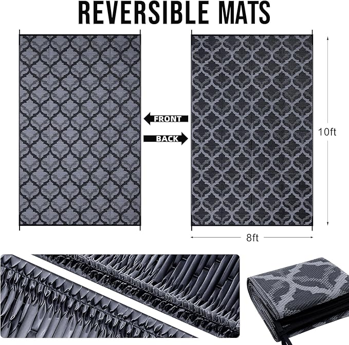 OLANLY Reversible Outdoor Rug 8x10 ft Clearance, Waterproof Outdoor Plastic Straw Rug with Interlacing Pattern, RV Mat for Patio, Camping, Balcony, Deck, Backyard, Black & Grey