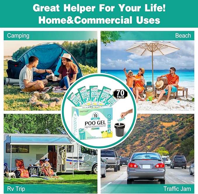 Portable Poo Poo Gel, 70 Packets Camp Toilet Portable Gel, Portable Toilet Camp Gel with Lemon Scent, Camp Toilets with Gel, Eco Gel for Portable Toilet for Outdoor Hiking and Camping