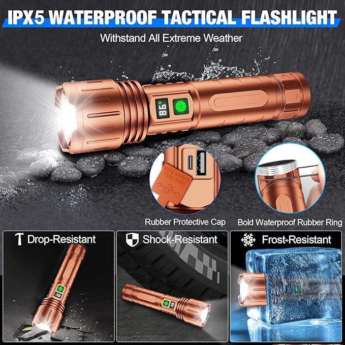 Flashlights High Lumens Rechargeable, 100000 Lumens Super Bright LED Powerful Flashlight, Type-C, 5 Modes, Zoomable, IPX5 Waterproof High Powered Tactical Flash Light for Emergency Camping,Brown