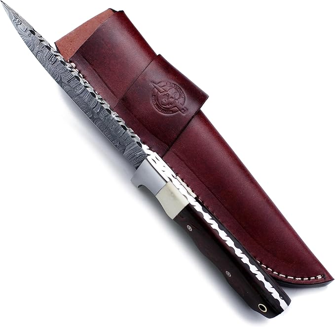 Handmade Damascus Steel Bowie Knife for Hunting, Survival, and Camping,bushcrafting and Fishing - Full Tang Micarta Handle, Fixed Blade with Flat Edge, Cowhide Leather Sheath WKD-794