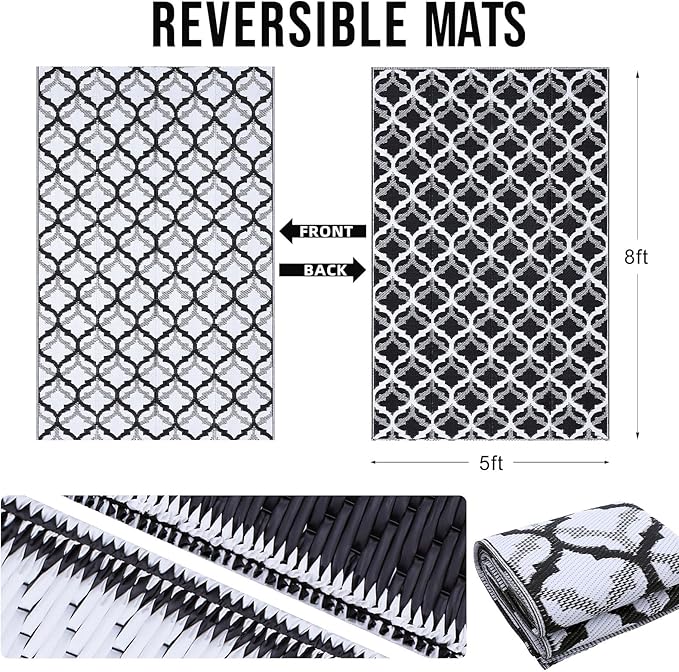 OLANLY Reversible Outdoor Rug 5x8 ft Clearance, Waterproof Outdoor Plastic Straw Rug with Interlacing Pattern, RV Mat for Patio, Camping, Balcony, Deck, Backyard, Black & White