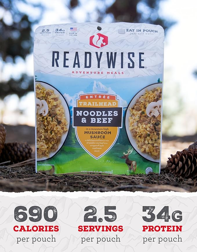 READYWISE - Adventure Meal, Noodles & Beef With Mushroom Sauce, 2 Servings, Pack of 1, Emergency Preparedness, Freeze Dried Food, MRE, Snack Pack or Emergency Food, Backpacking, Camping, Hiking, and,