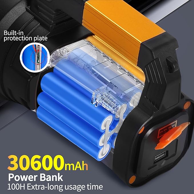 KINQILIN1200,000LM Rechargeable Spotlight 30600mAh Spotlight Flashlight 100H Ultra-Long Standby IP67 Waterproof Spotlight with 6 Modes Handheld Rechargeable Flashlight for Camping Hunting Emergency