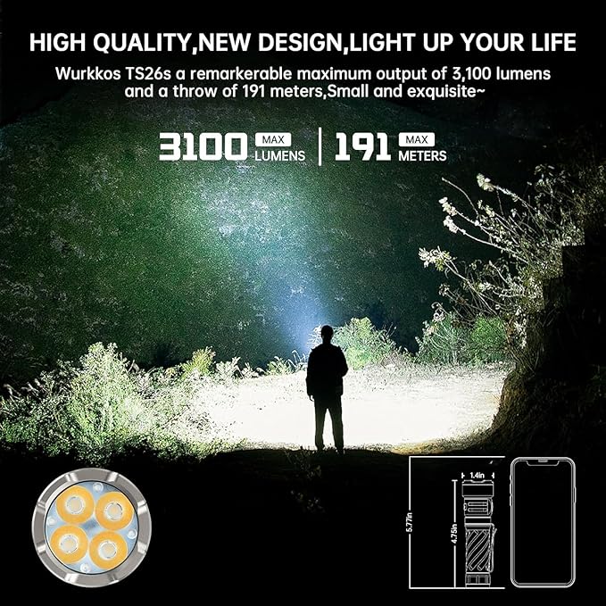 Wurkkos Rechargeable LED Flashlight, TS26S 3100 High Lumens Magnetic Flashlights with Memory Function 191 Meters 5000K Boost Constant Current,IP68 Waterproof for Emergency,Dog Walking,Camping