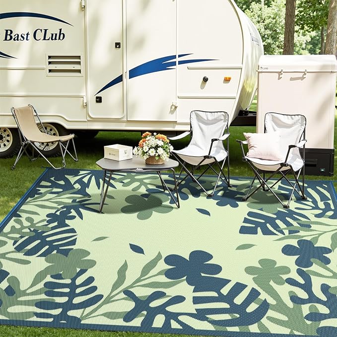 MontVoo Outdoor Rug Waterproof 5x8 ft RV Outdoor Rug for Camping Picnic Mat Outdoor Patio Rug Carpet Plastic Straw Reversible Floral Teal Blue Green