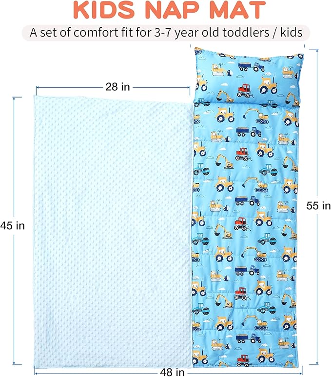 Bunnikins & Clover Toddler Nap Mat with Removable Pillow, Nap Mats for Preschool, Easy Clean Toddler Nap Pad for Kindergarten, Kids Sleeping Bag for Travel Camping
