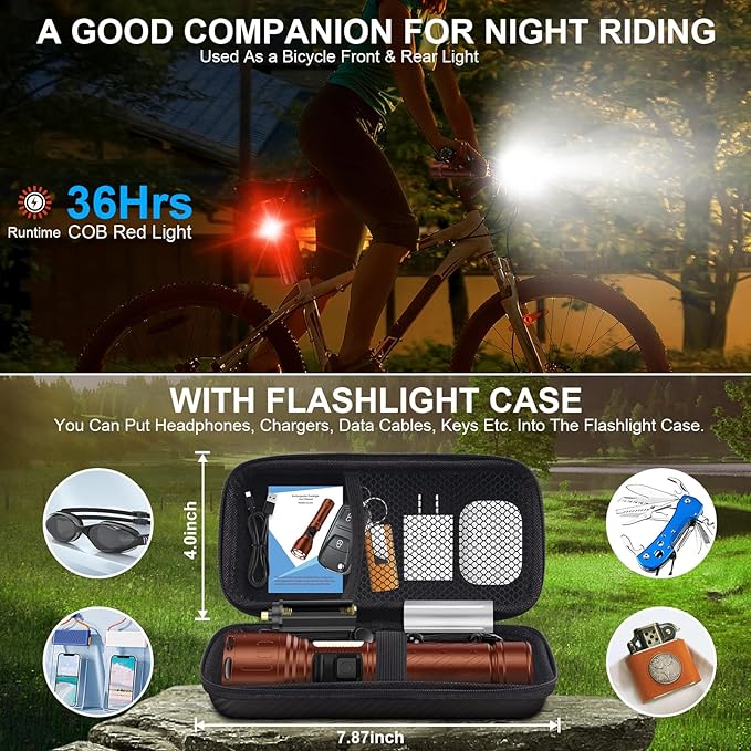 Flashlights 100,000 High Lumens Rechargeable - Super Bright LED Magnetic Flashlight with Sidelight 8 Modes Waterproof Powerful Handheld Flash Light for Emergency (1 Pack with Leather Box, Brown)