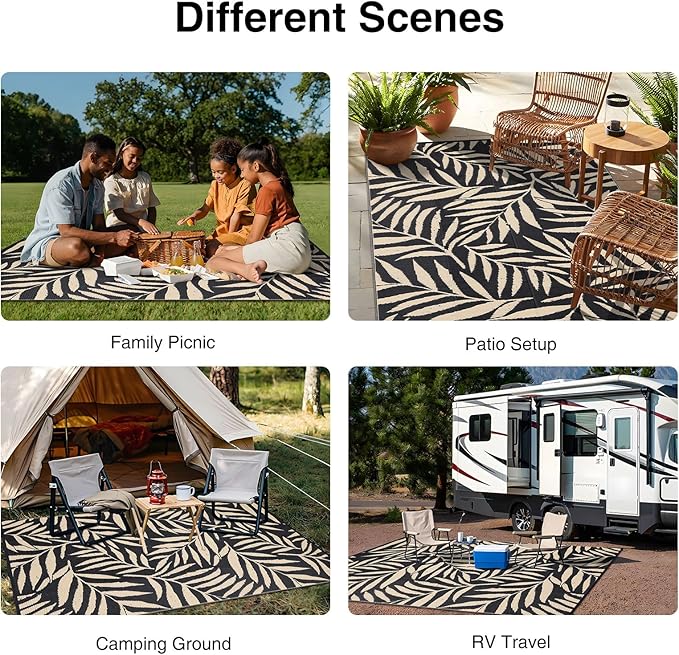 OLANLY Waterproof Outdoor Rug 6x9 ft, Reversible Outdoor Plastic Straw Rug with Leaf Pattern, RV Mat, Indoor Outdoor Carpet for Patio, Camping, Balcony, Deck, Backyard, Black & Beige