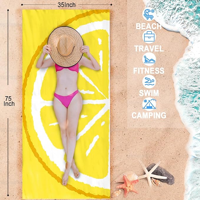 Bnuitland Yellow Lemon Beach Towel (35X75 inches), Oversized Absorbent Quick Drying Sand Free, Cute Fruit Towels for Travel Swimming Pool Picnic, 90% Polyester and 10% Polyamide