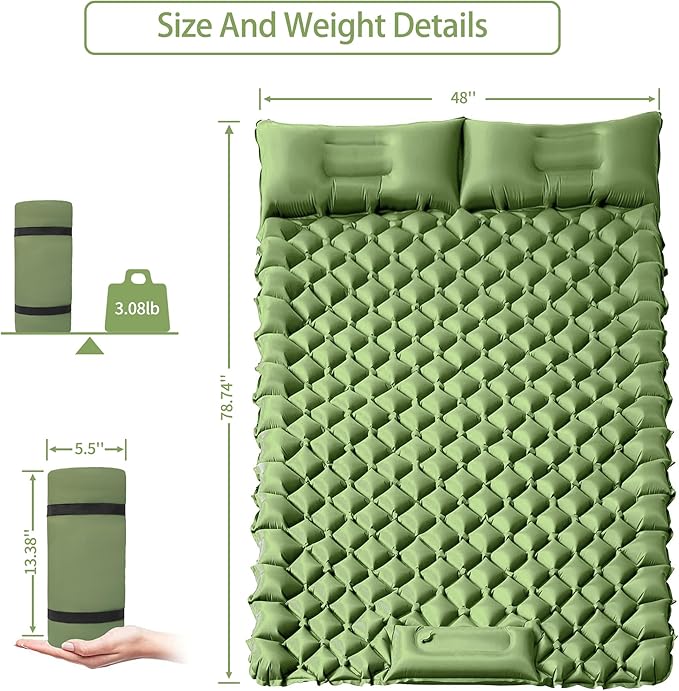 Double Sleeping Pad for Camping, 2 Person Ultralight Inflatable Sleeping Mat with Pillow and Built-in Foot Pump, Portable Camping Mattress for Tent, Backpacking, Hiking, Traveling(Green