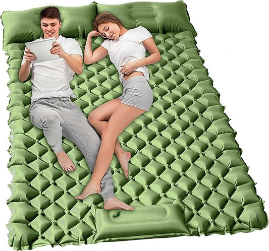Double Sleeping Pad for Camping, 2 Person Ultralight Inflatable Sleeping Mat with Pillow and Built-in Foot Pump, Portable Camping Mattress for Tent, Backpacking, Hiking, Traveling(Green