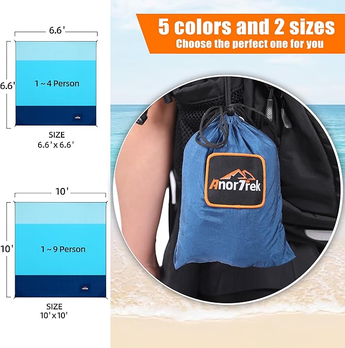 Beach Blanket Sandproof, Extra Large Beach Mat, Sand Free Mat Quick Drying, Lightweight, Soft & Durable Mat for Beach, Yard (Sky Blue & Blue & Dark Blue, 6.6 x 6.6 FT (1~4 Person))