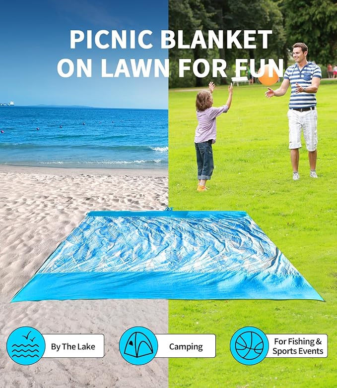 LH Beach Blanket Waterproof Sandproof, 84"*84" Large Beach Blanket for 5 Adults, Picnic Blanket Beach Mat for Camping, Beach Essentials Big & Compact Quick Drying, Lightweight & Durable with 4 Stakes