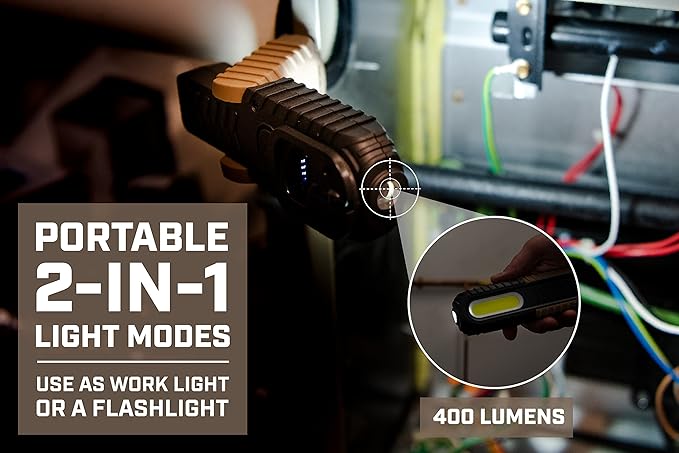 Spec Ops Tools 2-in-1 Rechargeable LED Work Light + Flashlight, 150-400 Lumens, Waterproof, Magnetic Base with Hook, 3 Light Modes, 3percent Donated to Veterans, SPEC-FLASHT