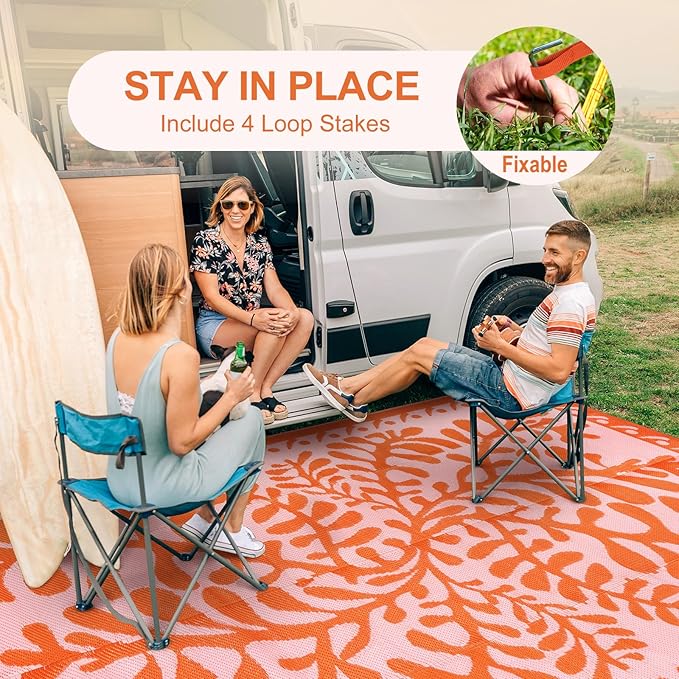 Anidaroel 8x10 Outdoor Rug for Patios Clearance, Waterproof Camping Rug for Outside RV, Reversible Plastic Straw Outside Rugs, Large Outdoor Area Rug for Garden, Camper, Pool Deck(Orange,8’x10’)