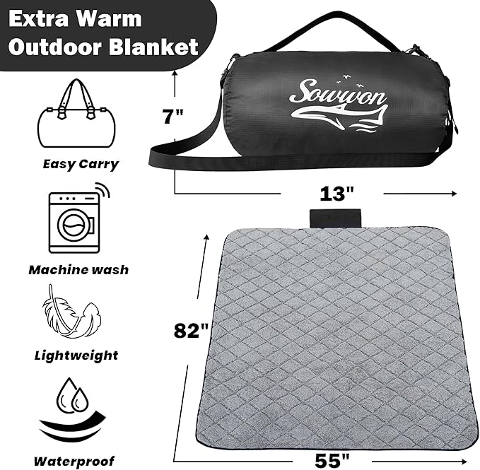 Waterproof Outdoor Blanket 82”X 55” Packable, Stadium Blankets for Camping with Sherpa Fleece Lining, Large Windproof Emergency Throw Mat for Garss Picnic Hiking Road Trip, Machine Washable, Black