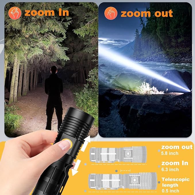 Small Tactical Flashlights 20000 High Lumens - 1500 Meters Long Beam Super Bright LED Magnetic Flashlight USB Rechargeable Zoomable 5Modes Long Beam Spotlight Flashlight for Hiking, Camping, 1pcs
