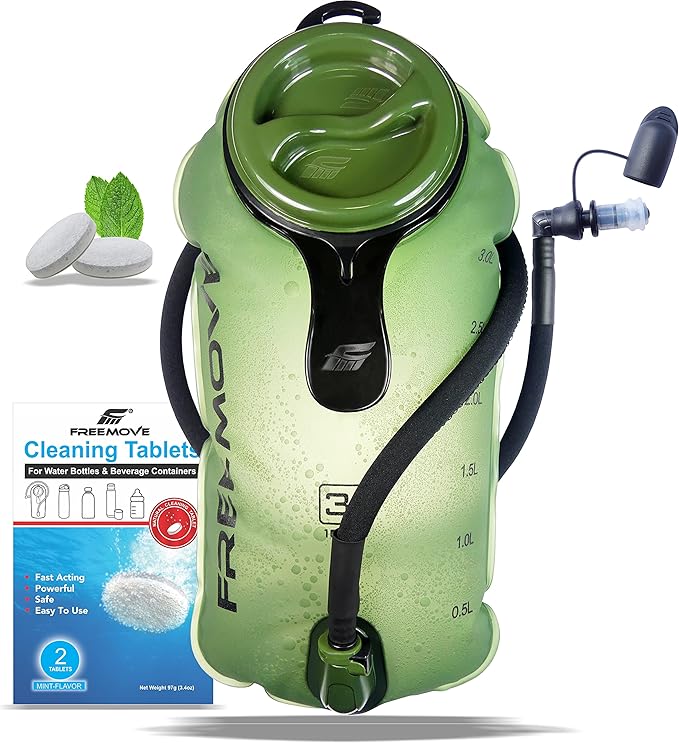 FREEMOVE Hydration Bladder 2L / 3L Water Bladder for Hiking Backpack >Blue or Green< Leak Proof Hydration Pack, Tasteless & BPA Free, TPU Water Reservoir, Quick Release Insulated Tube & Shutoff Valve