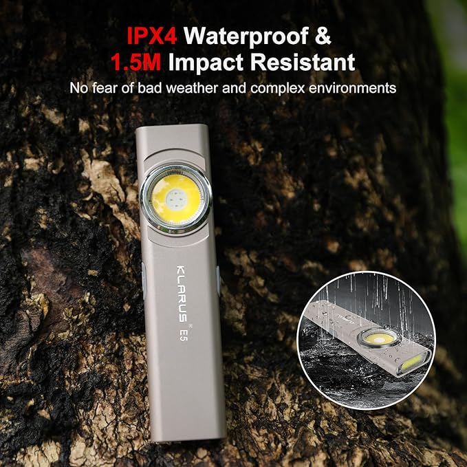 klarus E5 Pocket Flashlight, Rechargeable EDC Flashlight, Super Slim Flat 4.2x1x0.3inch, 470 Lumens, USB-C Port, IPX4, Dual Light Source with Magnetic Base, Hat & Clothes Clip - Grey