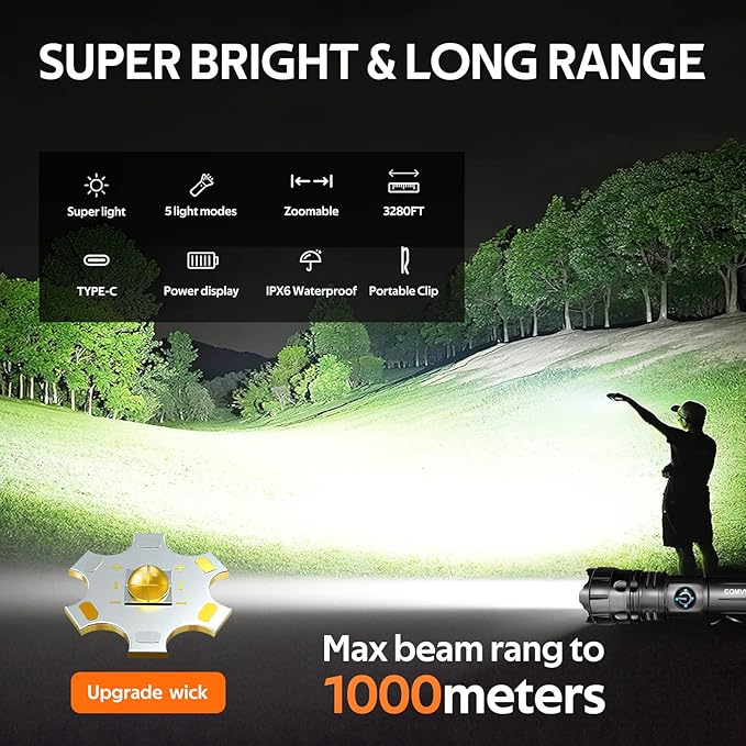 Flashlights Rechargeable High Lumens LED Tactical Flashlight NIGHT Turns Into DAY , High Powered Handheld Flashlights,5 Modes Zoomable Waterproof Flash lights for Emergencies Camping Hiking Gift