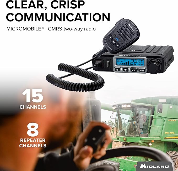 Midland – MXT115AGVP3 - 15 Watt GMRS MicroMobile Two Way Radio - Off Roading Outdoor Farm Radio - Extended Range 3dB gain Ghost Antenna, Antenna Cable, Mounting Bracket - Farm Tractor Bundle