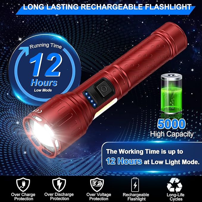 Rechargeable Magnetic Flashlights 100,000 High Lumens, Super Bright LED Powerful Flashlight 8 Modes with COB Work Light, Waterproof Handheld Flash Light for Camping (2 Pack with Paper Box, Red)