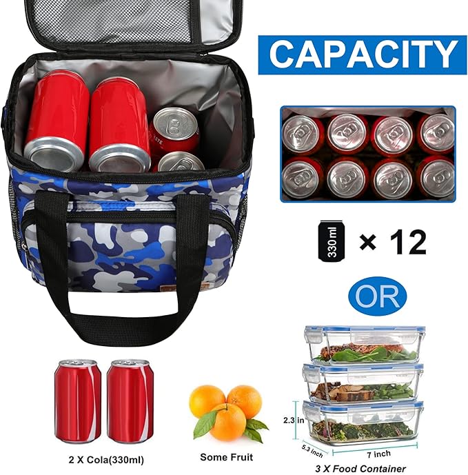 Femuar Lunch Bags for Women/Men, Insulated Lunch Bag for Work Office - Lunch Cooler Bag Leakproof Lunch Box with Adjustable Shoulder Strap - Blue Camouflage