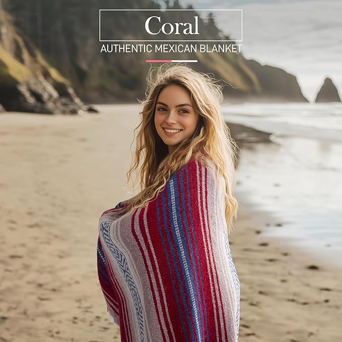 Authentic Large Handwoven Mexican Blanket - Soft Yoga Blanket - Durable Serape Blanket - Lightweight Falsa Blanket, Beach Blanket, Camping Blanket, Picnic Blanket, Outdoor Blanket 70"x50" - Coral