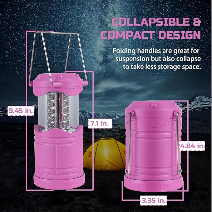 Lichamp 4 Pack Pink LED Camping Lanterns, Battery Powered Camping Lights LED Super Bright Collapsible Flashlight Portable Emergency Supplies Kit, A4PK