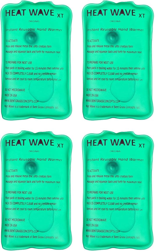 Made in USA: HEAT WAVE Instant Reusable Heat Pack, XT Large Instant Reusable Hand Warmers 4-Pack, for Camping, Hiking, Pain Relief (3x6), Click Heat