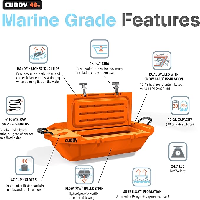 CUDDY Floating Cooler and Dry Storage Vessel for Land & Water – 40QT– Great for River, Beach, Kayak, Pool, & Lake - Multiple Color Options