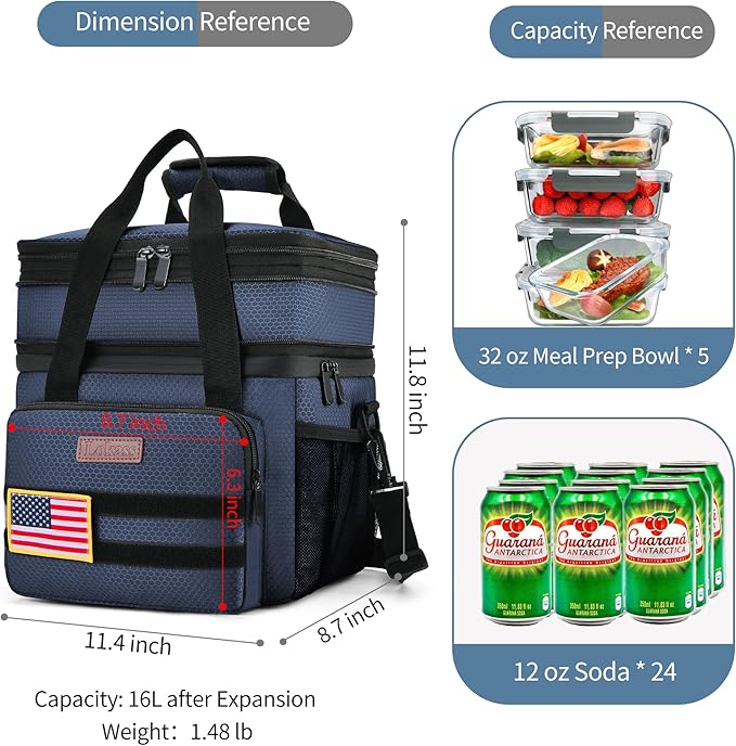 Tactical Lunch Box for Men- Large Insulated Lunch Bag-Expandable Adult Lunch Box with Adjustable Shoulder Strap-Large Lunch Tote Bag for Work Camping Fishing (Dark Blue)