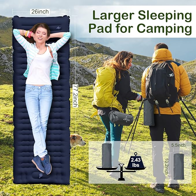 Sleeping Pad for Camping, Thick 4.7 Inch Ultralight Inflatable Sleeping Mat with Built-in Pump,Portable Air Mattress with Pillow for Camping, Backpacking, Hiking,Tent,Dark Blue