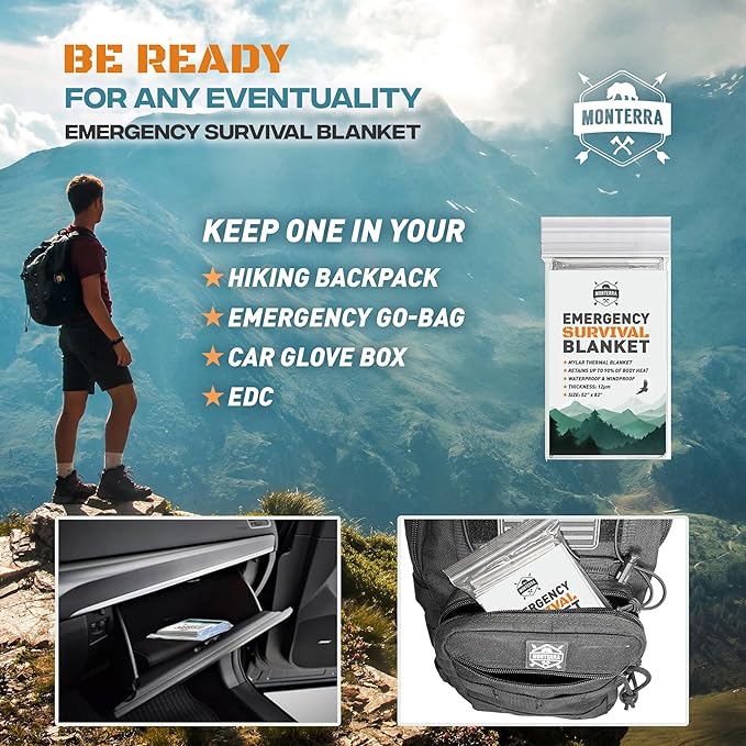Emergency Blankets for Survival, 4 Pack, Mylar Foil Blankets, Thermal Space Blanket, Car Supplies, Camping Accessories, Hiking, Outdoor Gear and Equipment, Bug Out Bag.