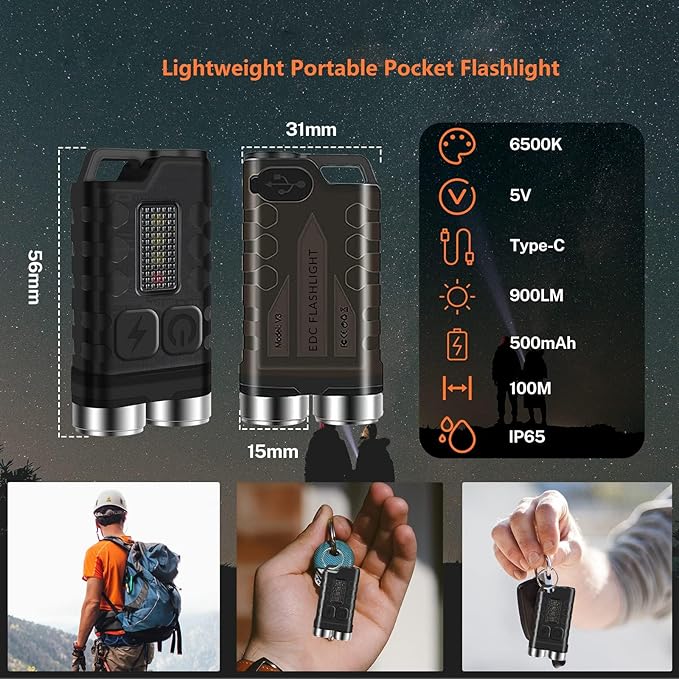 EDC Flashlight Rechargeable, 10 Modes LED Mini Keychain Flashlights High Lumens, 900 Lumens Pocket Flash Light with UV Red Blue Side Light, Waterproof Small Flashlights for Camping Hiking Emergencies