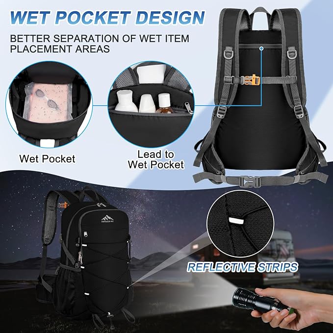 BKNOOU 40L Lightweight Hiking Backpack Packable Camping Backpack Waterproof Hiking Daypack Men Women Foldable Travel Daypack