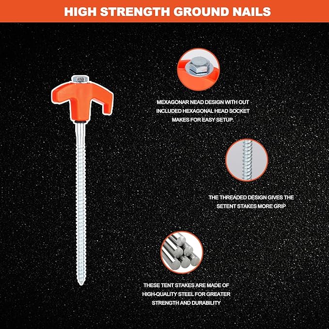 10PCS Camping Tent Stakes Heavy Duty,8 Inch Screw in Tent Stakes Heavy Duty,Nightglow Metal Tent Stakes,with Hex Head Driver,Nail Lifter,Ropes,Orange