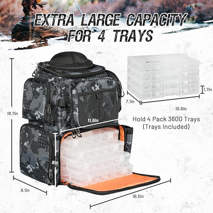 48L Large Fishing Tackle Backpack With Rod Holders, 4 Tackle Box, Protective Rain Cover - Water Resistant Storage Bag for Camping, Hiking, Hunting