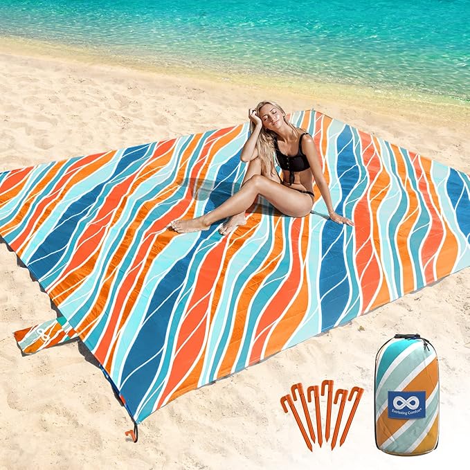 Everlasting Comfort Beach Blanket Waterproof Sandproof - Large Oversized Beach Mat for 10 People w/Stakes, Storage Bag - Beach Accessories for Family, Picnic, Concert, Travel