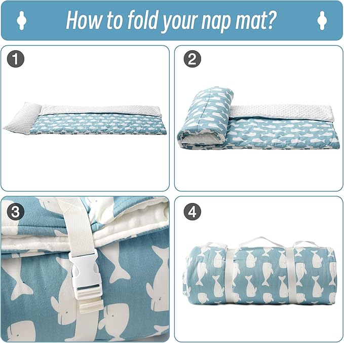 Bunnikins & Clover Toddler Nap Mat with Removable Pillow, Nap Mats for Preschool, Easy Clean Toddler Nap Pad for Kindergarten, Kids Sleeping Bag for Travel Camping