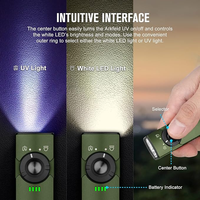 OLIGHT Arkfeld UV 365nm Black Light with 1000 Lumens White LED Flashlight, Rechargeable Flat Flashlight for Outdoors, Emergency, Working, Pet Urine Detection (Neutral White Light: 4000~5000K)