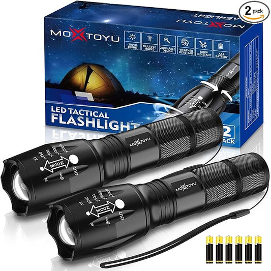Flashlight 2 Pack, 5 Modes 2000 Lumen Tactical LED Flash Light, High Lumens Bright Waterproof Flashlights, Zoomable Flash Lights for Camping, Emergencies, Outdoor, Home, Gift for Men Adult