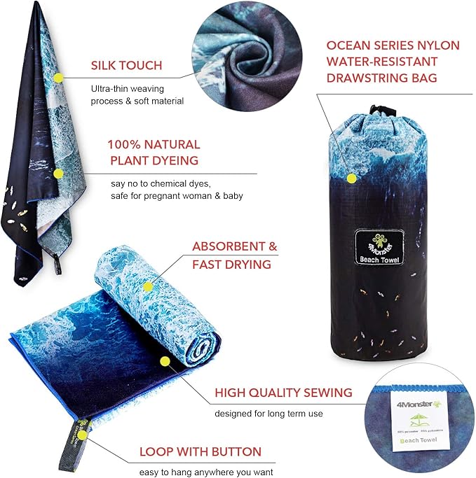 4Monster Microfiber Beach Towel Quick Dry,Super Absorbent Lightweight Travel Towel for Swimmers, Sand Free Camping Towel, Beach Towels for Pool, Swim, Water Sports,Yoga,Gym,Backpacking