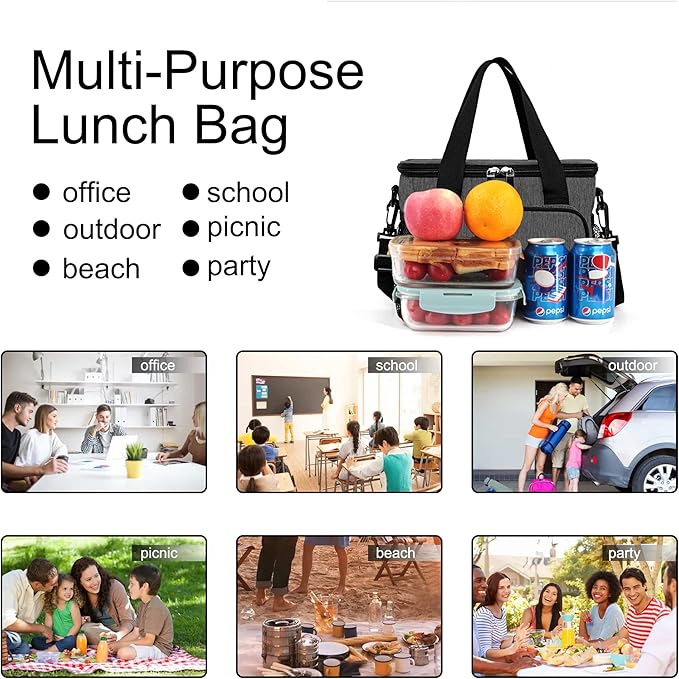 Femuar Lunch Bags for Women/Men, Insulated Lunch Bag for Work Office Picnic - Lunch Cooler Bag Leakproof Lunch Box with Adjustable Shoulder Strap - Grey(8.7L)