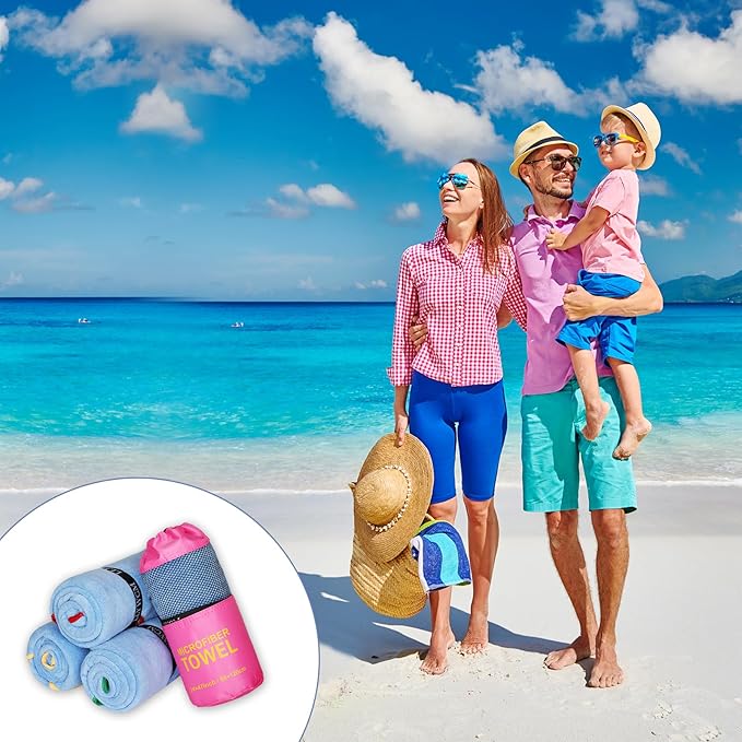 4 Pack Microfiber Camping Towels, Gym Towels Quick Dry Beach Towel with Travel Waterproof Accessory Bag,Super Absorbent Quick Dry Towels for Adults Kids (4, Rose)
