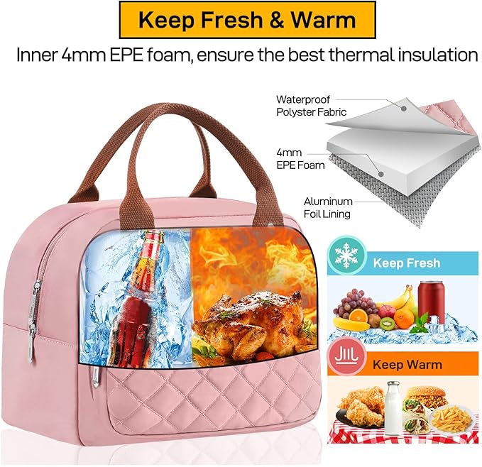 Buringer HOMESPON Lunch Bag for Woman Man Adults with Front Pocket Insulated Lunch Tote Lunch Box Container for Work Picnic or Travel(Pink)