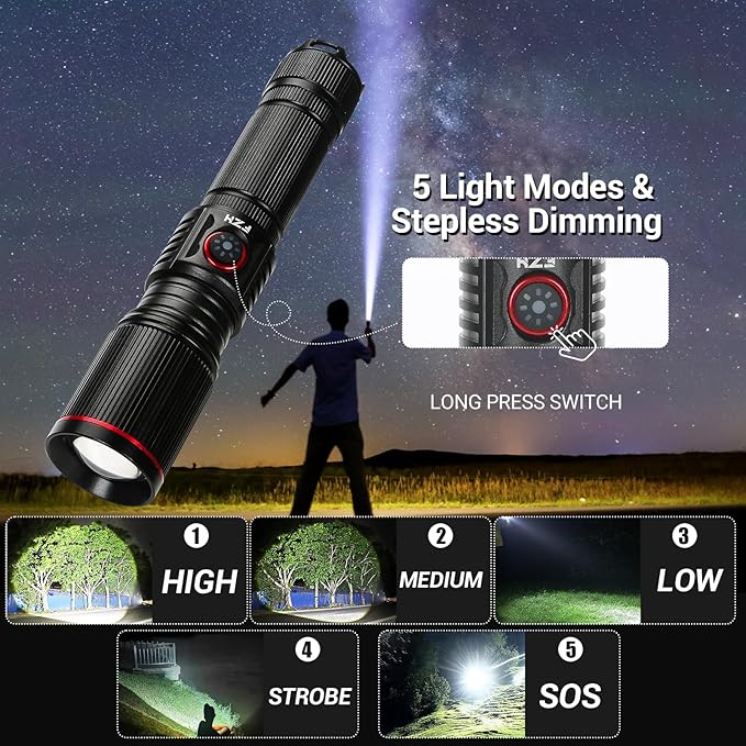 FZH Flashlights High Lumens Rechargeable 2PC 10000LM LED Infinitely Dimmable Super Bright USB Flash Light Powerful Handheld Tactical Torch, 5 Modes, Waterproof for Outdoor Emergencies Camping